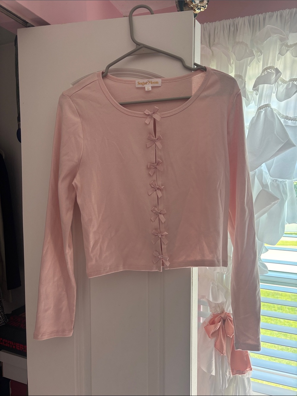 Pink Bow-Front Long Sleeve Blouse